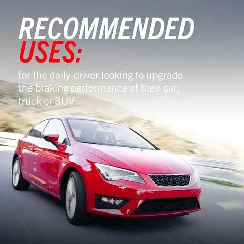 PowerStop front brake pads advertisement showing a red sedan driving on a highway.