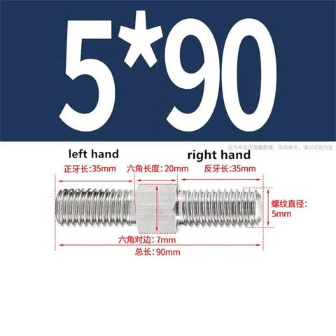 Diagram of M5 90 Stainless Steel Hex Head Double End Studs Rods With Right And Left Threads showing dimensions