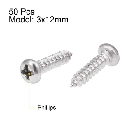 316 Stainless Steel Self Tapping Screws 3x12mm Phillips Pan Head 50 Piece Set Durable Fasteners for Wood Metal Plastic