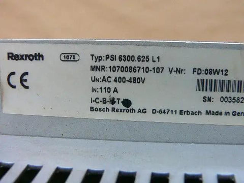 Close-up of label on PSI6000 PSI6300 Series Industrial Frequency Inverter Model PSI6300.625 L1 1070086710-107, used condition.