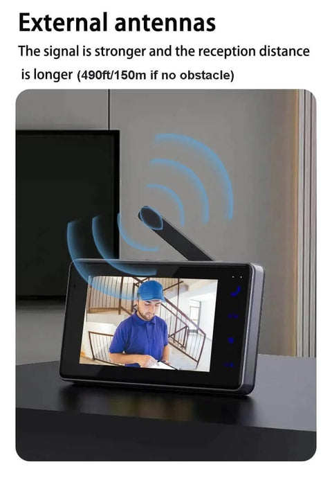 Wireless Video Doorbell Camera With No Subscriptions And Bluetooth Pairing, Real Time Two Way Intercom, 1080P Video, 120 Degree Field Of View, No App Or Wi Fi Needed, Easy Mount With Adhesive Or Screws, Includes 4.3 Inch Monitor on table with external antennas