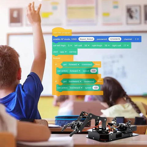 ACEBOTT 4-DOF ESP32 robotic arm kit on classroom desk with student, wires visible, coding blocks on screen.