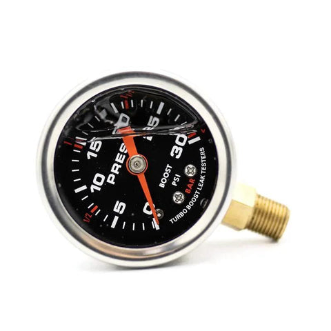 Pressure gauge for Medium Aluminum Boost Leak Tester with 3 inch end cap showing PSI readings for turbo inlet testing.