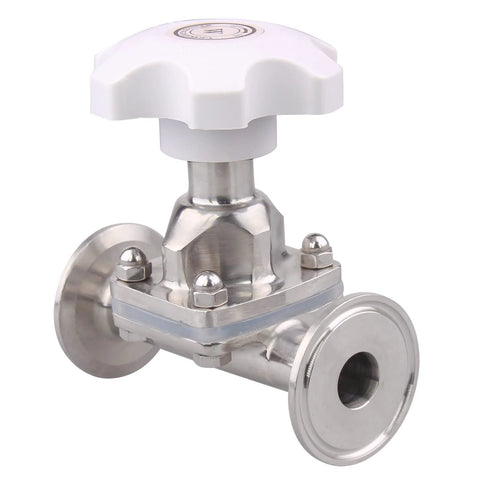 Sanitary diaphragm valve, 316L stainless steel with silicone seal, white handwheel, 1.5 inch tri-clamp ends
