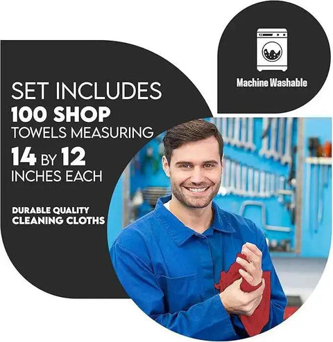 Man holding red cotton shop towels in an auto garage. Red Cotton Shop Towels Pack Of 150 14 By 12 Inches Reusable Cleaning Rags