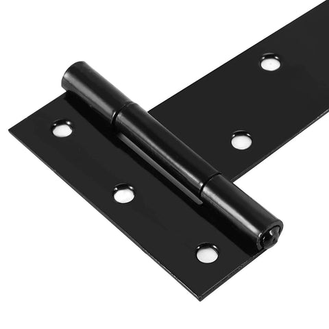 Close-up of 12 Piece T Strap Barn Door Hinges Black 10 Inch Heavy Duty, showing durable black carbon steel with pre-drilled holes.