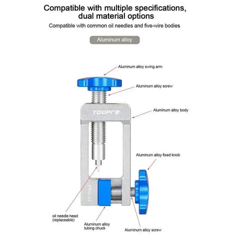 Bike Disc Brake Olive Connector And Needle Driver Kit Tool in aluminum alloy, showcasing parts like swing arm and screw, labeled diagram