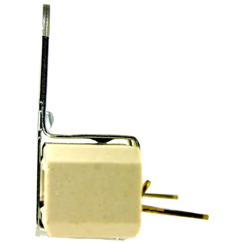 ACDelco ignition coil resistor, side view: cream plastic body with metal mounting bracket and two electrical pins