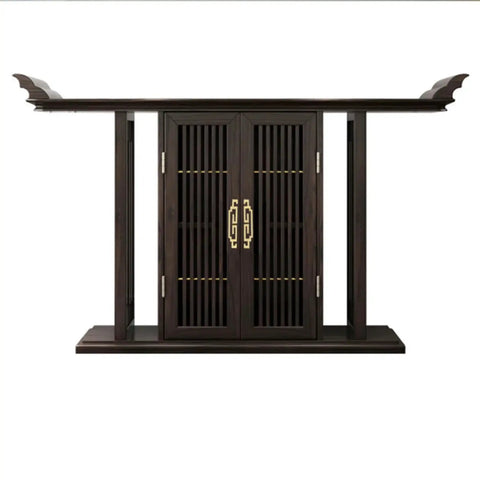Antique wooden cabinet with Chinese style design, featuring vertical slatted doors and ornate upper corners.