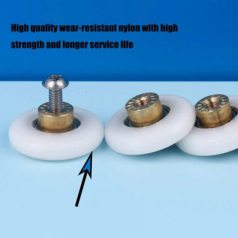 Six Pcs Shower Door Rollers With Copper Core And POM Wheels, Stainless Steel Screws on Blue Background