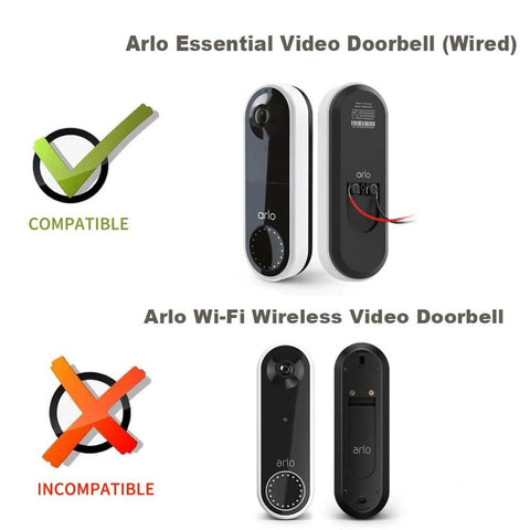 Two Arlo video doorbells showing compatibility with Angled 4 Inch Siding Mount Kit for Arlo Wired Video Doorbell Cedar Siding.