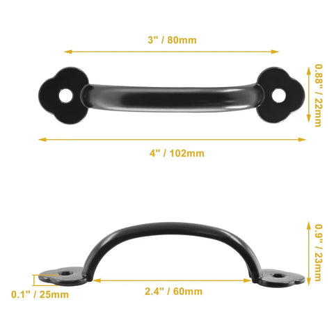 12 Piece Antique Plum Blossom Zinc Alloy Door And Drawer Pulls Set, Black Gate Handles 4 Inch 102mm Length, Side and Front View
