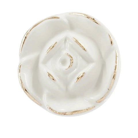 Ivory White Rose Flower Cabinet Pulls 8 Pack With 8 Mounting Screws Vintage Style Kitchen Drawer Knobs, top view of single pull with gold finish.