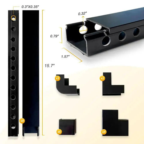 Open Slot Cable Raceway Kit For Under Desk Cable Management With Upgraded Snap Structure In Black showing measurements and pieces