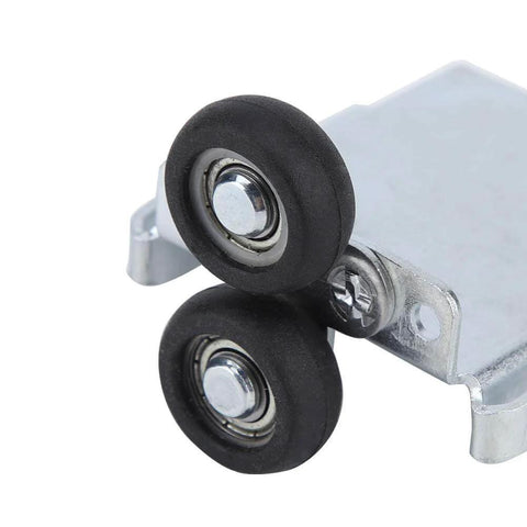 Close-up of Easy Install Replacement Roller Wheel Kit for Steel Framed Mirror Closet Doors, showing double alloy wheels and metal frame