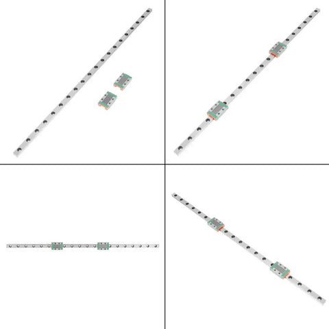 Miniature Linear Rail Bearing Guide Rail 400mm LML9B 9mm wide with two slide blocks for CNC parts and 3D printer projects, top view.