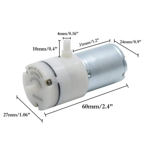 DC 6V micro air pump, white plastic front with metal cylindrical body, angled view