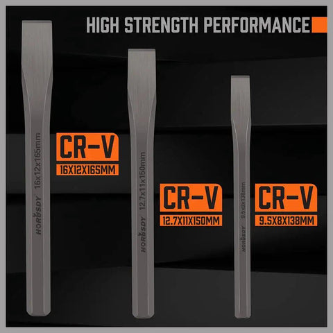 Heavy Duty 3-Piece Cold Chisel Set For Woodworking Metalworking And Masonry With 3/8 1/2 And 5/8 Inch Drop Forged Cr-V Steel Chisels
