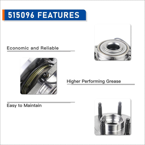 515096 Front Wheel Hub Bearing Assembly features image with labeled attributes, focused on durability and performance benefits for Chevy GMC Cadillac.