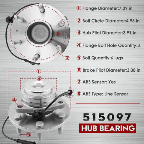 Diagram showing 2 Pack 515097 Front Wheel Hub Bearing Assembly for Cadillac Escalade ESV Chevy Silverado Avalanche Suburban, dimensions labeled.