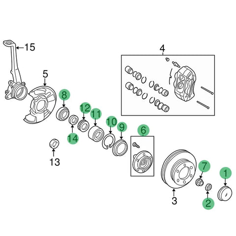 Diagram of Front Wheel Hub Bearing ABS Repair Kit for 4WD Toyota Vehicles, showing parts for 4Runner, Sequoia, Tacoma, and Tundra
