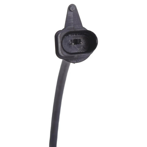 Close-up of a black front brake pad wear sensor with a 2-pin connector and attached cable