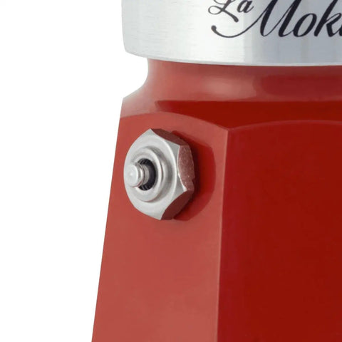 Close-up of Limited Edition Tricolore Moka Pot in classic Italian style with durable aluminum body and bolt detail, holds 40ml per brew.