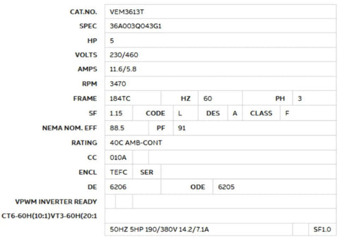 Specifications sheet for Single 5 HP 3-Phase TEFC Electric Motor 230/460V 60Hz 3470 RPM, 184TC Frame F1 Mounting