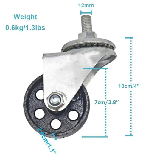Close-up of heavy-duty cast iron caster wheel with 12mm stem, 2.1-inch diameter for replacement on transmission jacks.