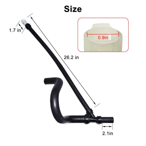 Amazon engine lower heater hose outlet coolant recovery pipe; black hose, 26.2 in long with 2.1 in end fitting