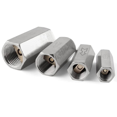 Four G1/4 inch female-threaded air check valves, full-port, non-return, silver-brass finish
