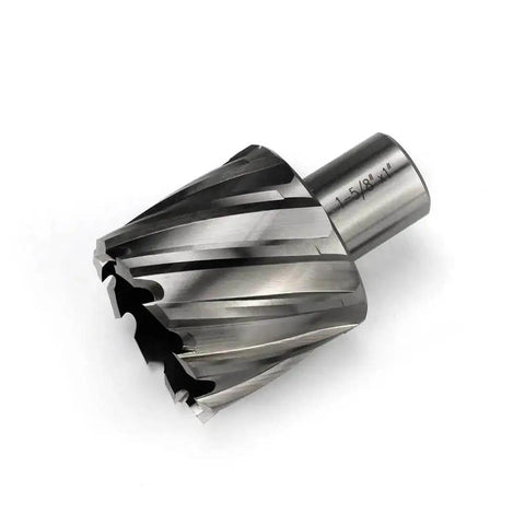 Close-up of annular cutter for magnetic drill press kit, 1-5/8 inch diameter, 3/4 Weldon shank, HSS slugger bit with pilot pin.