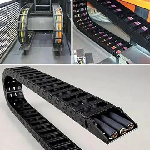 10mm x 15mm Black Plastic Flexible Nested Semi Closed Drag Chain Cable Wire Carrier, 1 Meter Length, shown in use on CNC rig