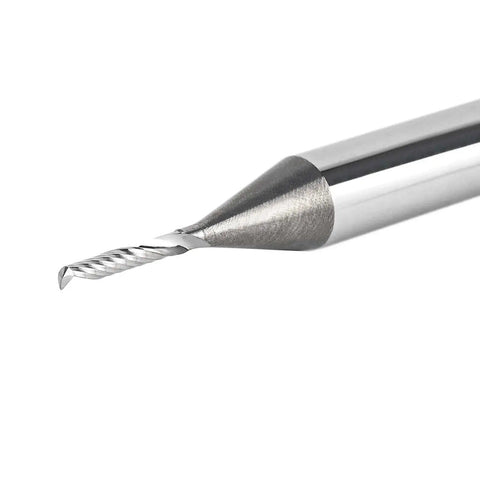 O Flute Spiral Upcut Router Bit With One Quarter Inch Shank And Sixteenth Inch Cutting Diameter Solid Carbide CNC Router Bit Pro Grade Single Flute End Mill For Aluminum Acrylic And Metal Milling Easy Chip Removal And Smooth Cutting Performance close-up view