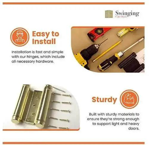 Tools and hardware for installing 6 Inch Double Action Spring Hinge For Saloon Doors 4 Pack Satin Chrome Finish, shown with hinge and screws.