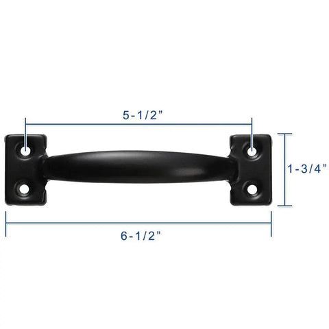 Six And A Half Inch Black Pulls Two Pack For Barn Doors Garage Doors Screen Doors Fences And Cabinet Or Tray Board Applications Made From 1mm Thick Cold Rolled Steel With A Vintage Style Matte Black Finish And Easy Grip For Smooth Operation, with dimensions.