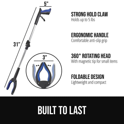 Ergonomic Rubber Lined Claw Reacher Tool For Seniors With No Slip Grip 360 Degree Rotating Head Foldable Trash Picker Handicap Helper Long Reach Grabber Features
