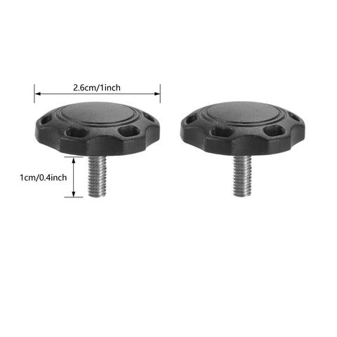 Two Pack Black Thumb Screws For Football Helmet Visor Clips, Compatible With SpeedFlex And Other Brands, Durable High Impact Plastic Replacement Screws, Fits Kids Youth And Adult Helmets, shown with dimensions.