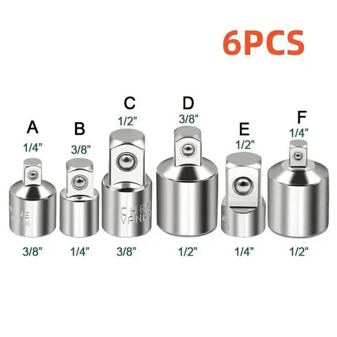 Front view of six chrome-vanadium steel socket adapter sleeves for ratchet wrenches; no assembly required.
