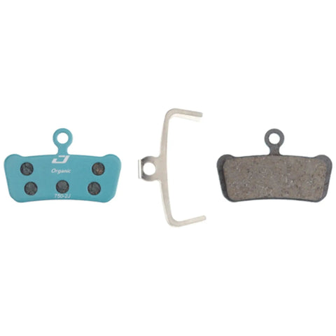 Front view of Jagwire Sport Organic SRAM Guide disc brake pad kit with two pads (blue and grey) and mounting clip.