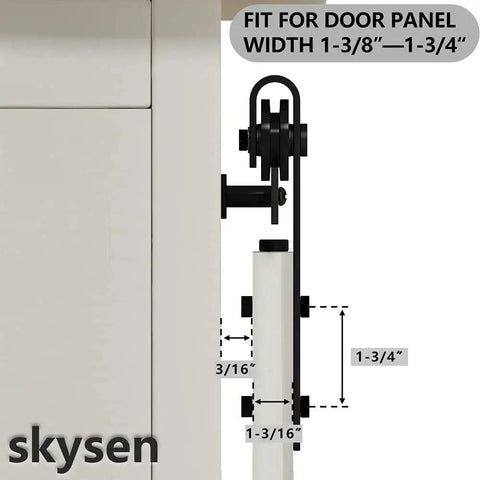 Side view of Super Mini Cabinet Sliding Barn Door Hardware Kit for Wardrobe and TV Stand, showing black roller and door measurements.