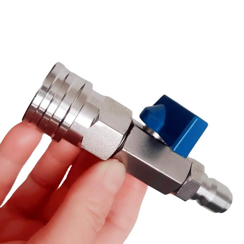 Side-angle view of stainless steel high pressure washer ball valve with blue lever and 3/8 inch quick-connect fittings