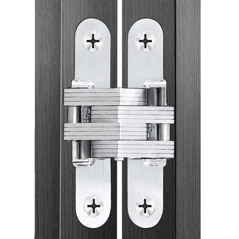 Two Pack Sleek Concealed Cross Hinge For Cabinets And Front Doors 180 Degree Hidden Hinge Made From Zinc Alloy With Silver Brushed Finish