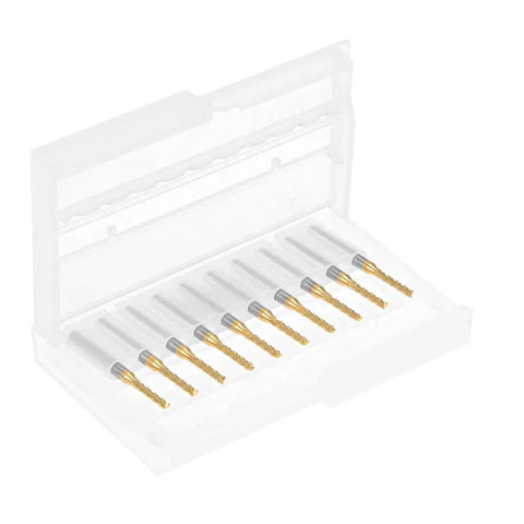 Open case displaying a set of ten Two Millimeter Titanium-Coated Carbide End Mill For PCB Engraving And Milling, One Eighth Inch Shank bits