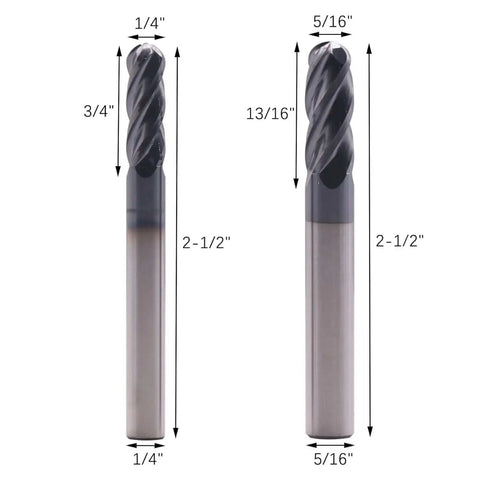 Two High Performance Solid Carbide Ball Nose End Mills, 4 Flute, AlTiN Coated, CNC Router Bits, 1/4 inch and 5/16 inch.