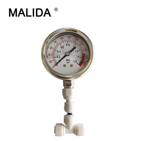 Malida stainless water pressure test gauge for RO aquarium system with 1/4 inch fittings, 0-1.6 MPa (0-220 psi) dial