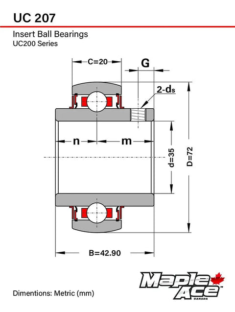 Technical diagram of Heavy Duty Insert Bearing UC207 with 35mm bore and spherical outer diameter, showing dimensions and seal details