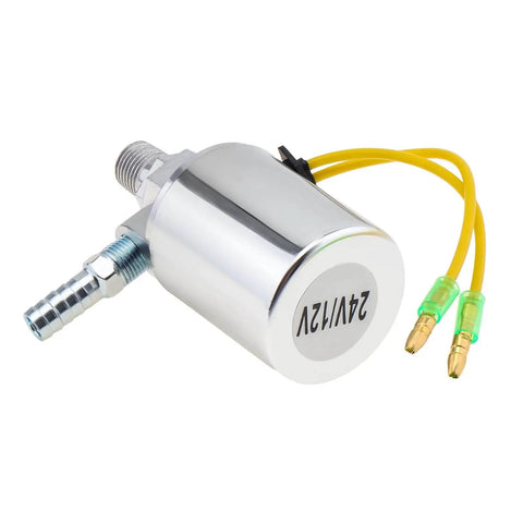 Chrome Air Horn Solenoid Valve One Quarter Inch NPT For 12V And 24V DC Systems, heavy duty electric valve with yellow wires, 150 PSI, side view
