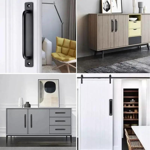 Black Aluminium Alloy Barn Door Handles Set of 2, 7 Inch Sliding Door Pull Handles with Plates installed on cabinets and doors
