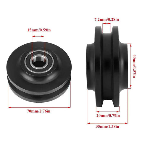 Two Pack Heavy Duty Cabinet And Window Pulley Roller Hardware Kit For Smooth Quiet Sliding Doors With Zinc Alloy And Nylon Wheels Reduces Noise And Prevents Door Swing, Stable Balance, Ideal For DIY Barn Doors And Cabinets, black pulley dimensions shown.